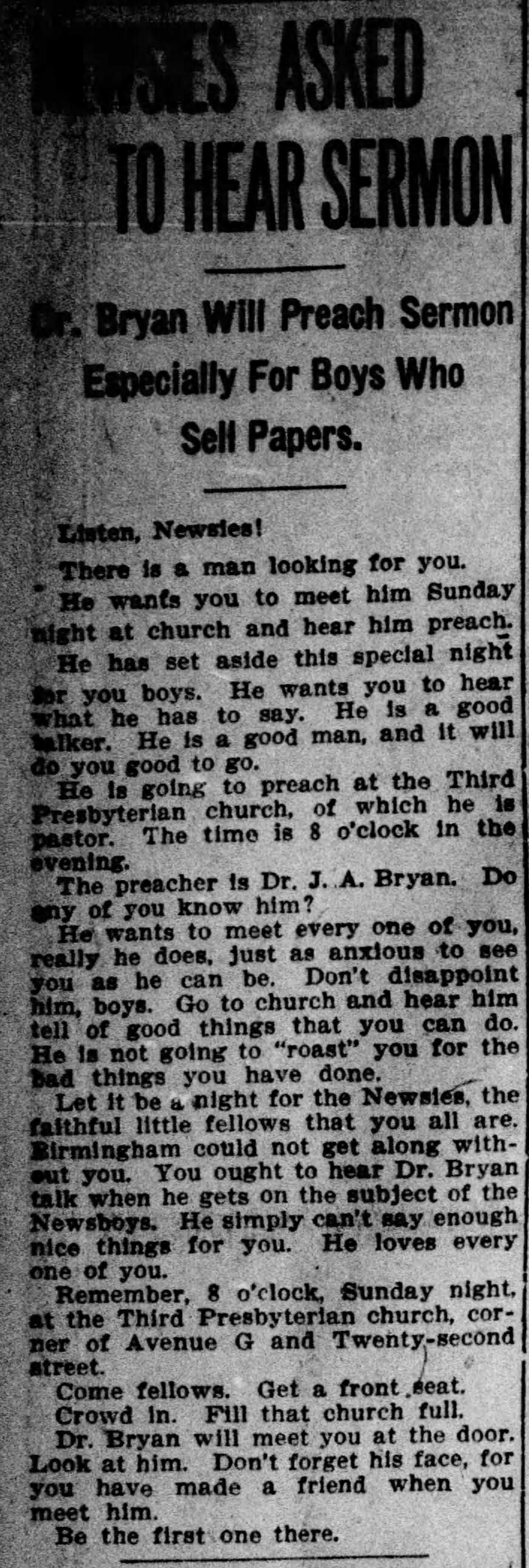 Newsies Asked To Hear Sermon